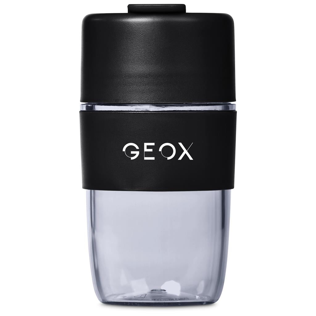 Clear container with black lid featuring the GEOX logo on a white background

