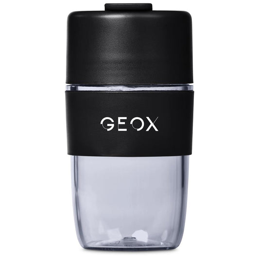 Clear container with black lid featuring the GEOX logo on a white background

