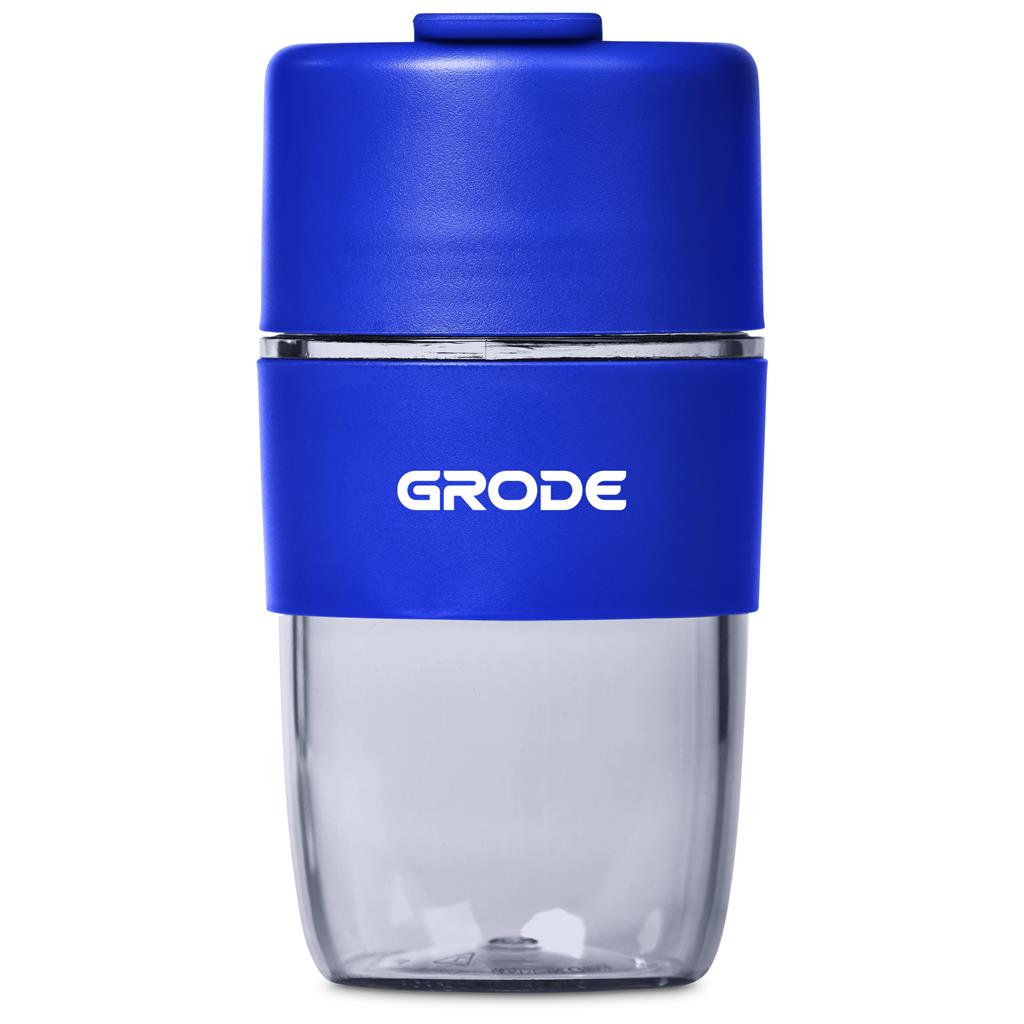 Blue and clear container with 'GRODE' branding on a white background

