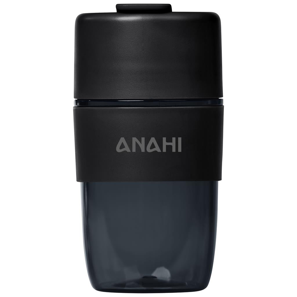 Black tumbler with 'ANAH' branding on a white background

