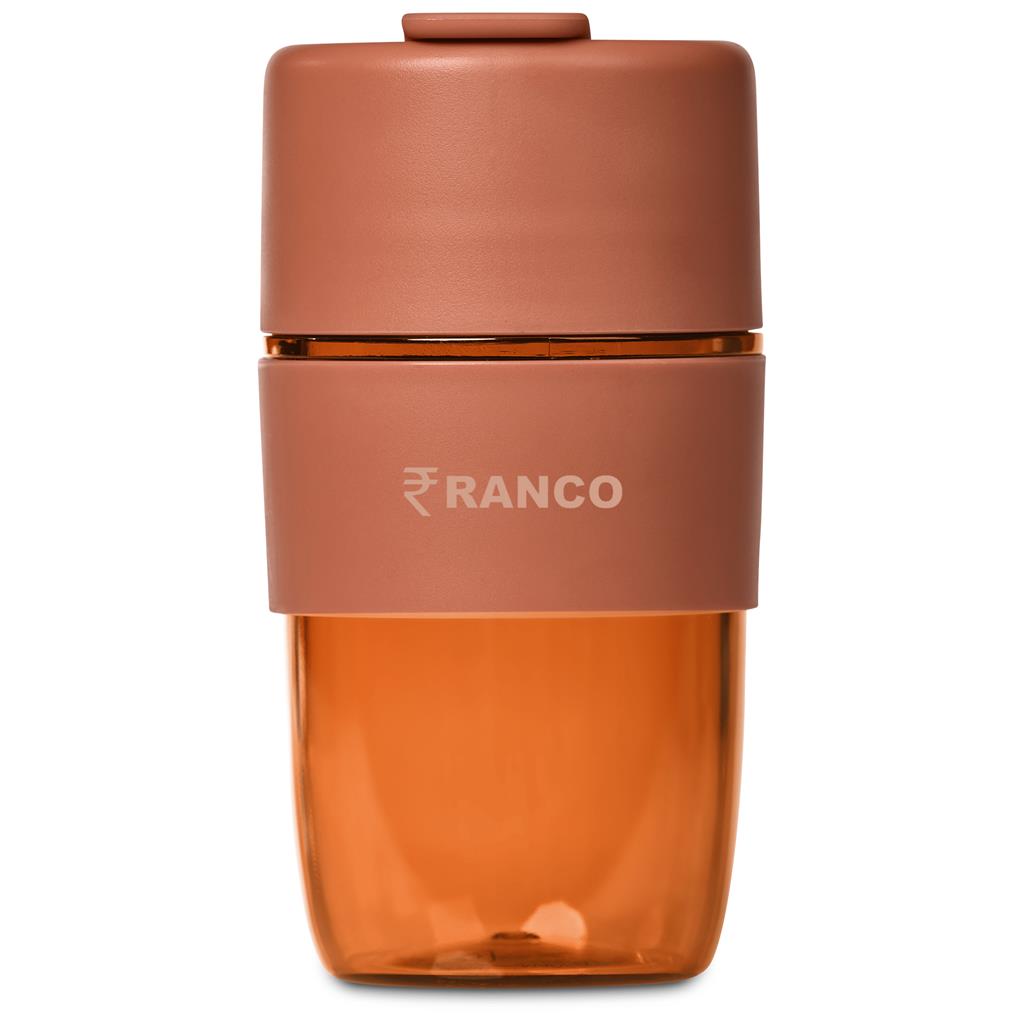 Brown tumbler with Ranco logo on a white background

