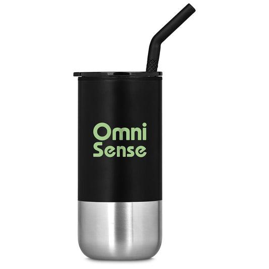 Black and silver tumbler with 'Omni Sense' branding on a white background

