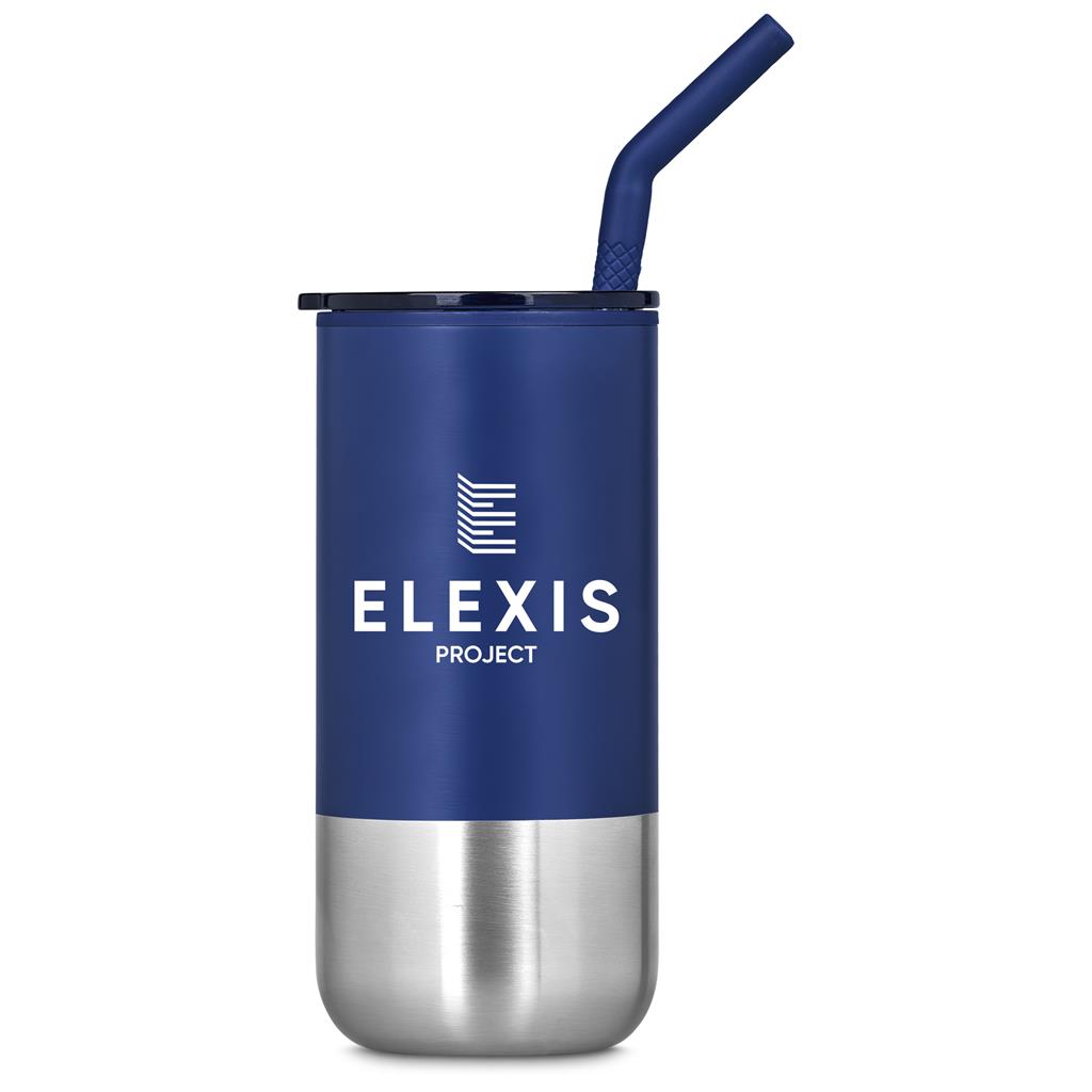 Blue and silver tumbler with straw featuring 'ELEXIS PROJECT' on a white background

