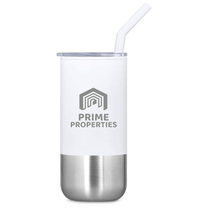 White tumbler with silver base and straw, featuring 'Prime Properties' logo on a white background

