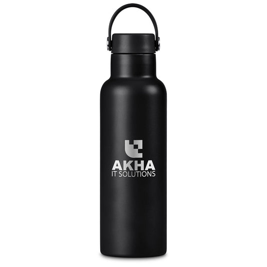 A matte black insulated water bottle with a matching black screw cap and carrying loop, featuring the white printed logo and text 'AKHA IT SOLUTIONS' on the front, set against a plain white background.

