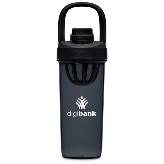 A dark gray semi-translucent shaker bottle with a black carrying loop lid and a white 'digibank' logo on the front, set against a plain white background.

