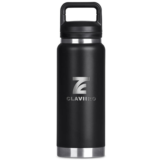 A matte black insulated water bottle with a matching black lid and handle, featuring a silver metallic logo and brand name 'CLAVIRO' on the front, set against a plain white background.

