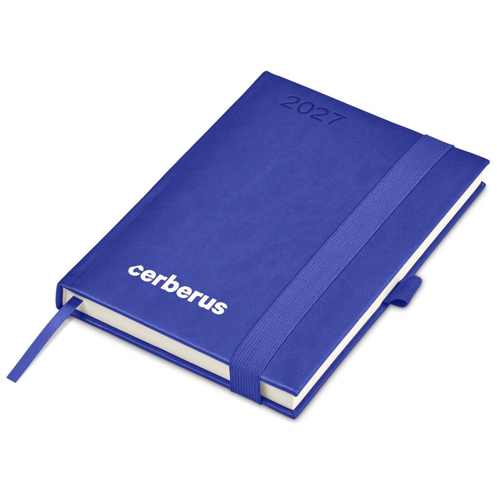A blue hardcover 2027 daily planner with a white elastic closure band, white ribbon bookmark, and white lettering that reads 'cerberus' and '2027', shown on a plain white background.

