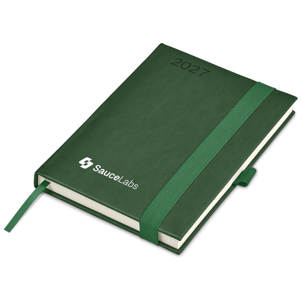 A dark green 2027 hardcover planner by SauceLabs, featuring a matching green elastic band closure and a white ribbon bookmark, shown on a clean white background.

