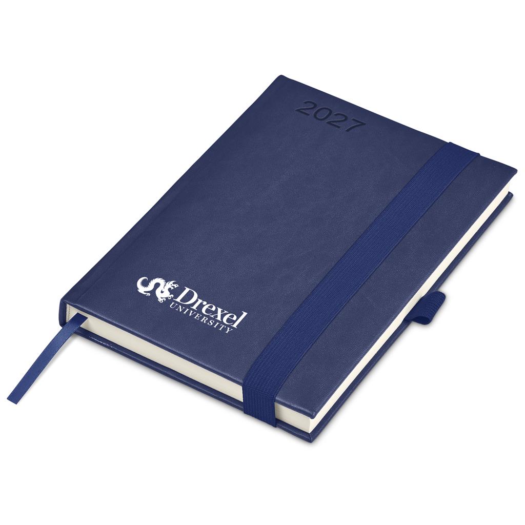 A navy blue hardcover 2027 planner featuring the Drexel University logo and name on the front cover, secured with a matching navy blue elastic band and ribbon bookmark, shown on a plain white background.

