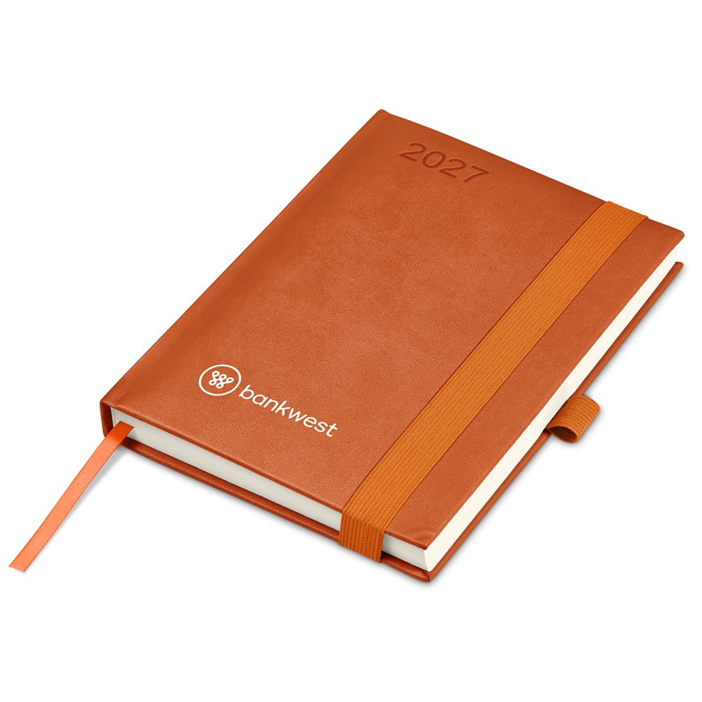 A 2027 hardcover planner by Bankwest in a warm terracotta orange color, featuring a matching orange elastic band closure and a ribbon bookmark, shown on a clean white background.

