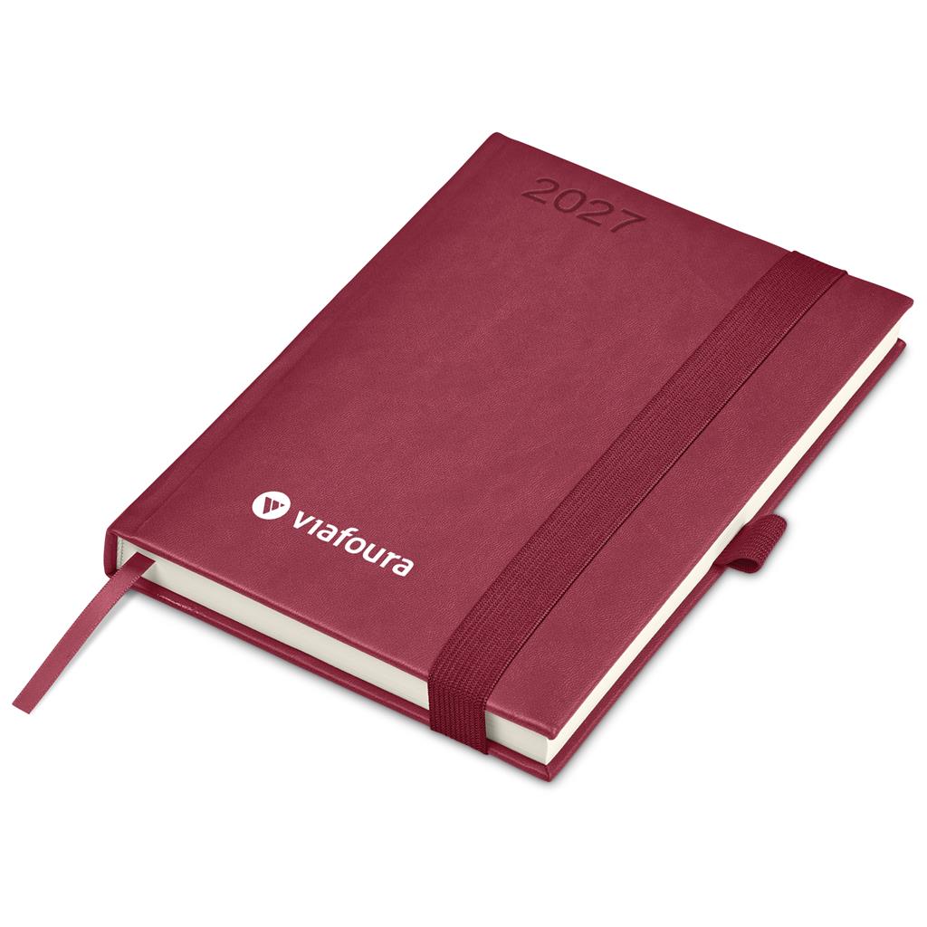 A 2027 daily planner by Viafoura in a deep burgundy red textured cover, featuring a matching elastic closure band, a white ribbon bookmark, and white page edges, shown on a plain white background.

