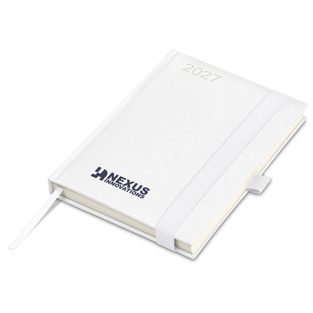 A white hardcover 2027 planner with an elastic closure band and a ribbon bookmark, featuring the 'Nexus Innovations' logo printed in black on the front cover.

