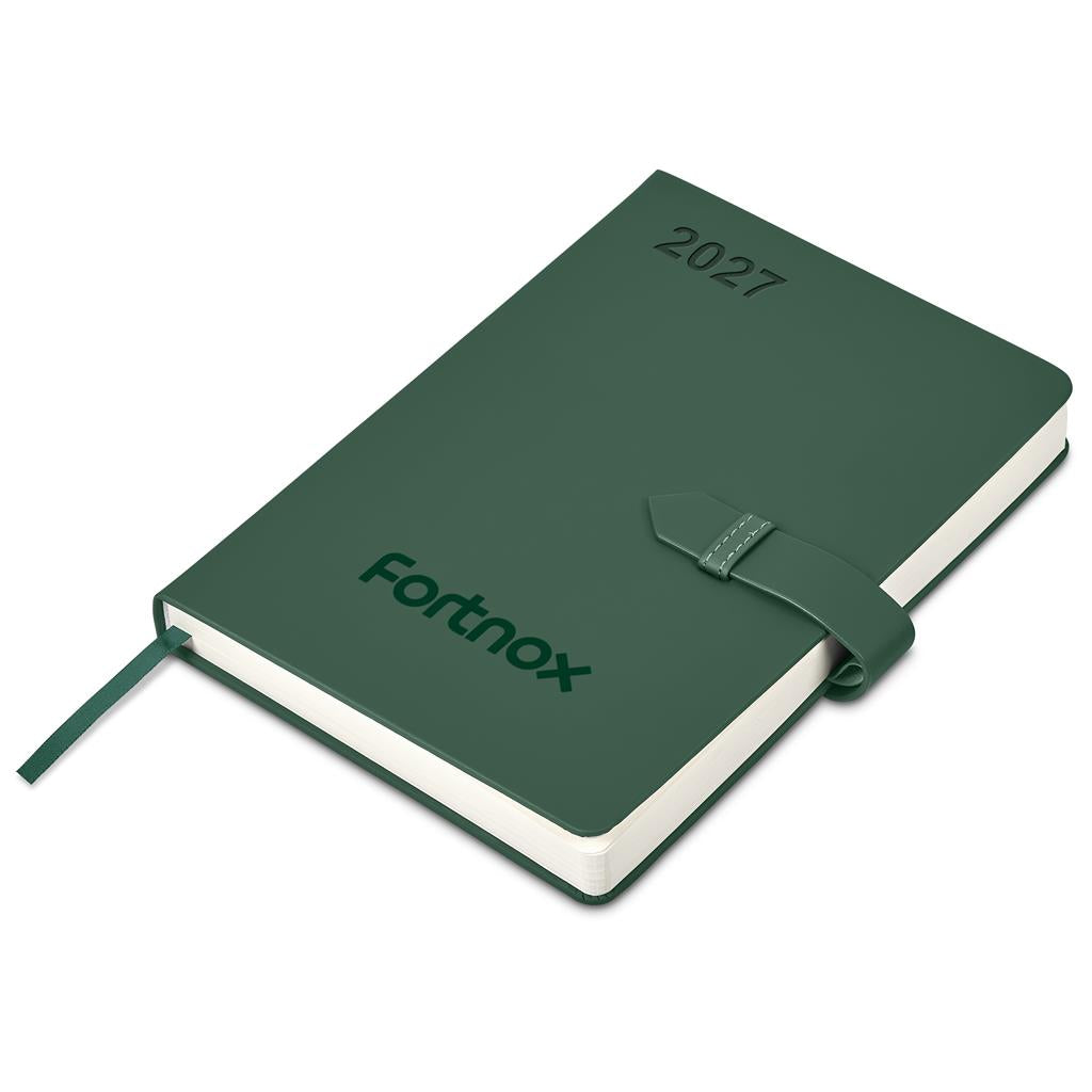 A dark green hardcover 2027 planner by Fortnox with a matching green ribbon bookmark, shown on a clean white background.

