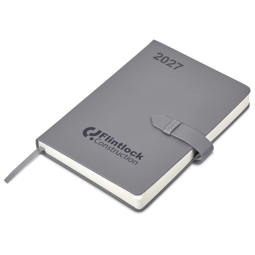 A dark green hardcover 2027 planner by Fortnox with a matching green ribbon bookmark, shown on a clean white background.

