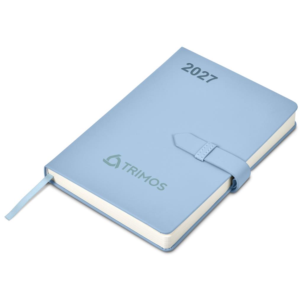 A light blue 2027 daily planner by Trimos, featuring a matching blue leather strap closure and ribbon bookmark, displayed on a clean white background.

