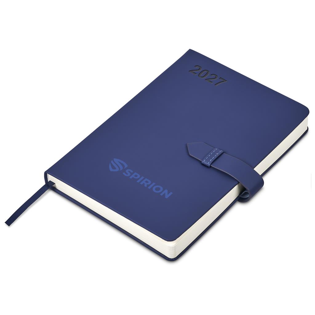 A navy blue 2027 spiral-bound planner by Spirion with a matching navy ribbon bookmark and strap closure, shown on a clean white background.

