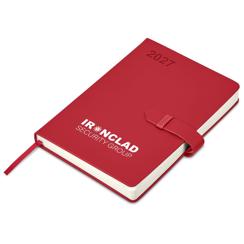 A red hardcover 2027 daily planner with a white elastic closure strap and a red ribbon bookmark, featuring the 'IRONCLAD SECURITY GROUP' logo on the front cover, shown on a plain white background.

