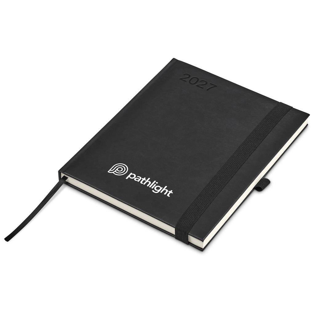 A black 2027 daily planner by Pathlight with a black elastic closure band and a black ribbon bookmark, shown on a plain white background.

