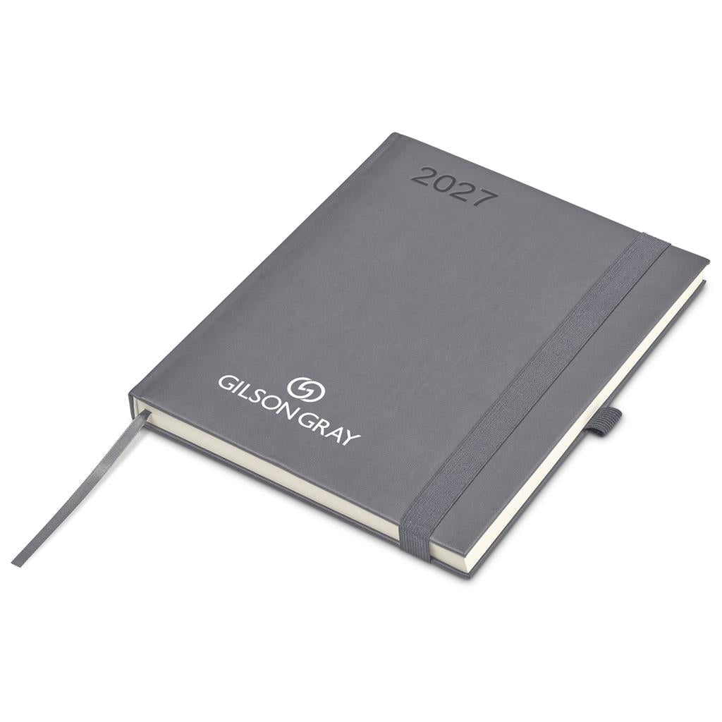 A 2027 Gilson Gray hardcover planner with a dark gray textured cover, white elastic closure band, and a matching ribbon bookmark, shown on a plain white background.

