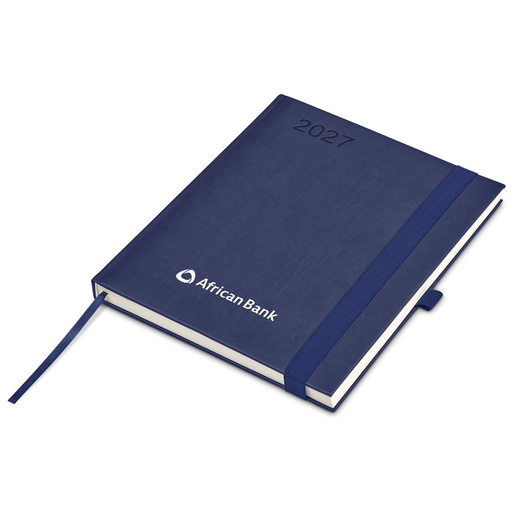 A navy blue hardcover 2027 planner or journal featuring the 'African Bank' logo and name on the front cover, with a matching navy ribbon bookmark, shown on a clean white background.

