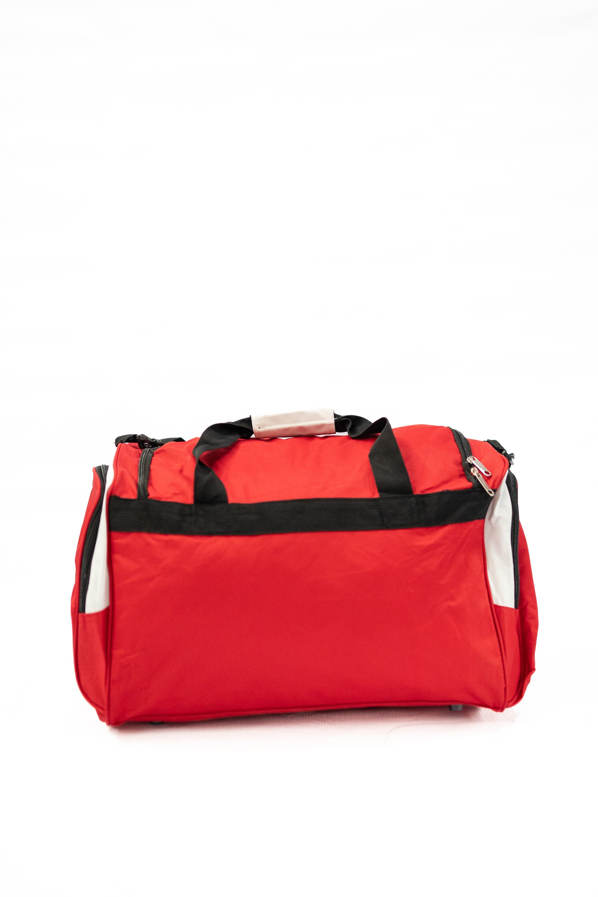 Red duffel bag with black accents on a white background

