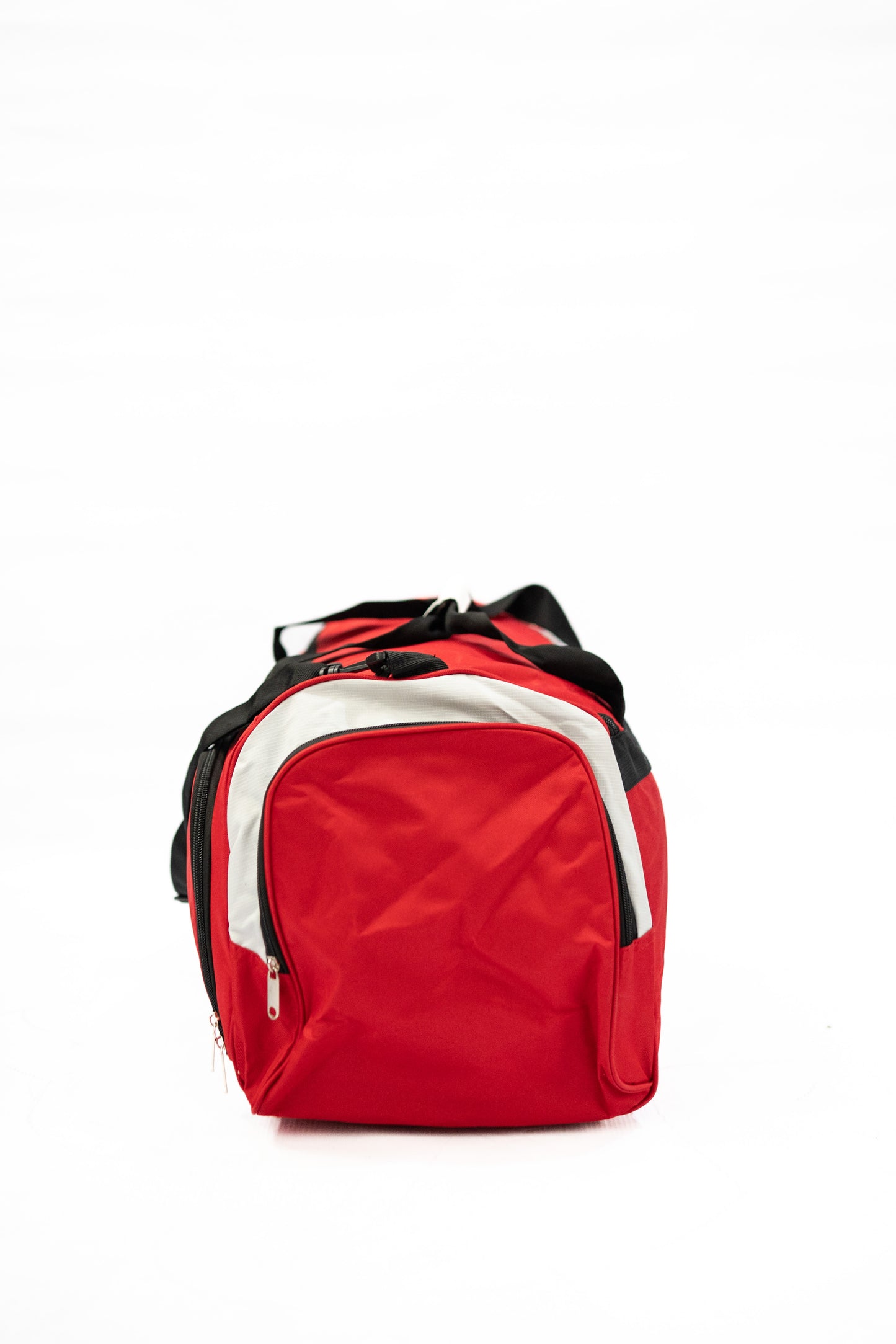 Red backpack with black and white accents on a white background

