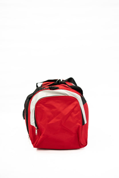 Red backpack with black and white accents on a white background

