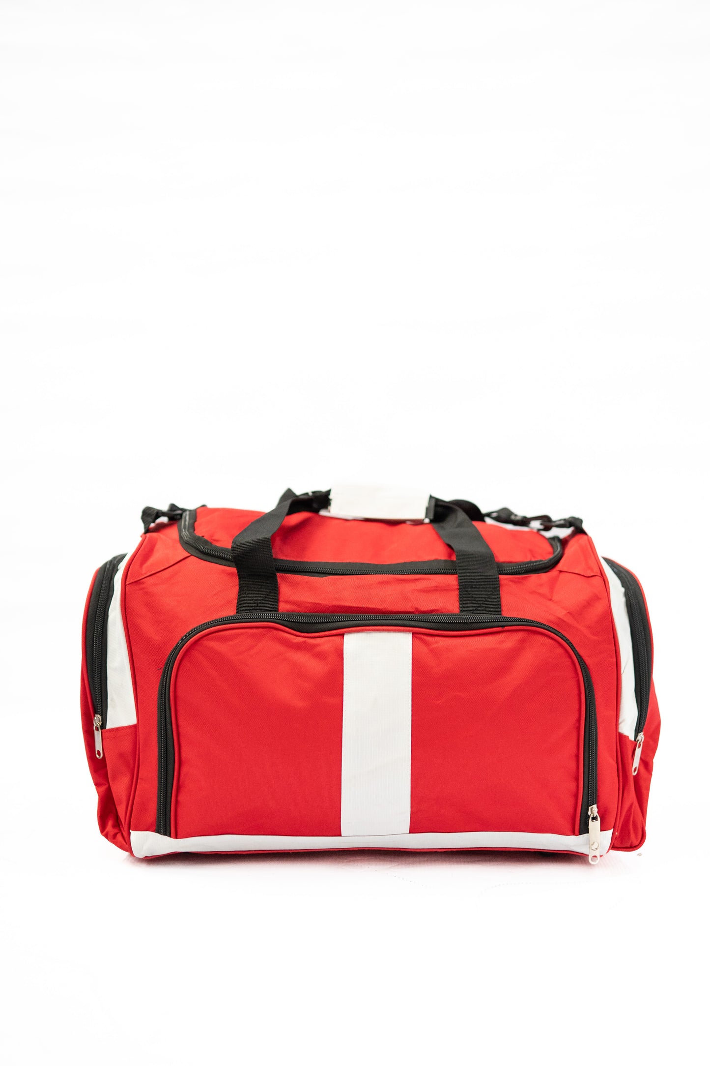 Red duffel bag with black straps on a white background

