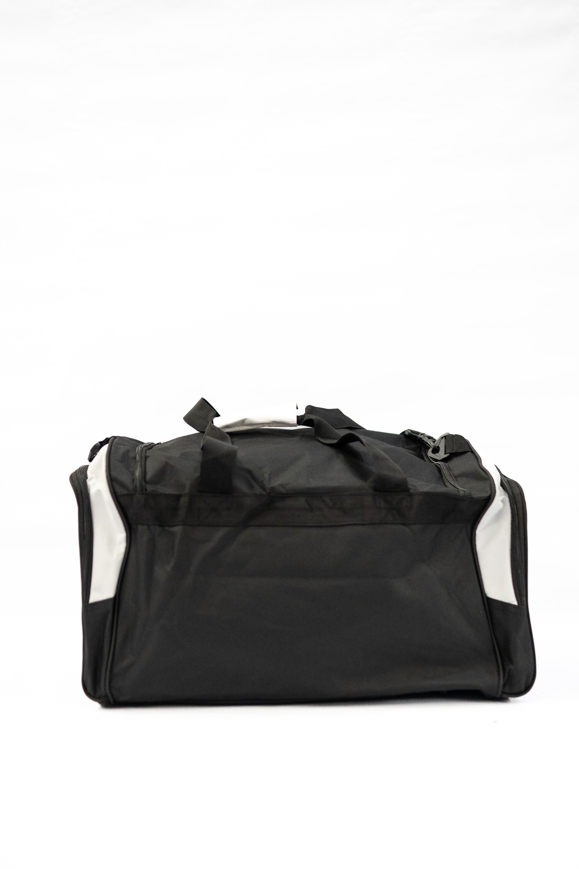 Black duffel bag with white accents on a white background

