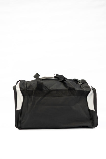 Black duffel bag with white accents on a white background

