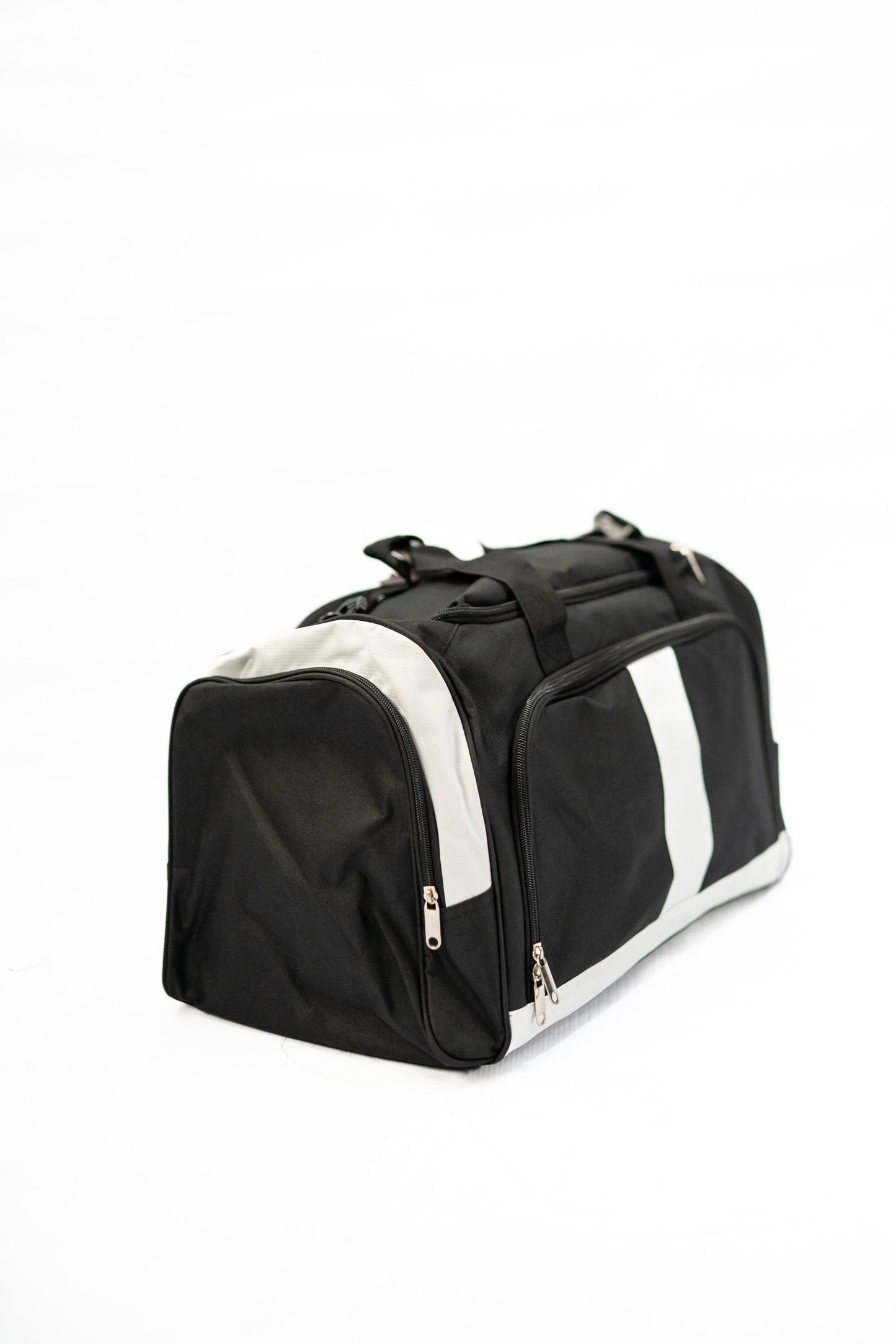 Black duffel bag with white accents on a white background

