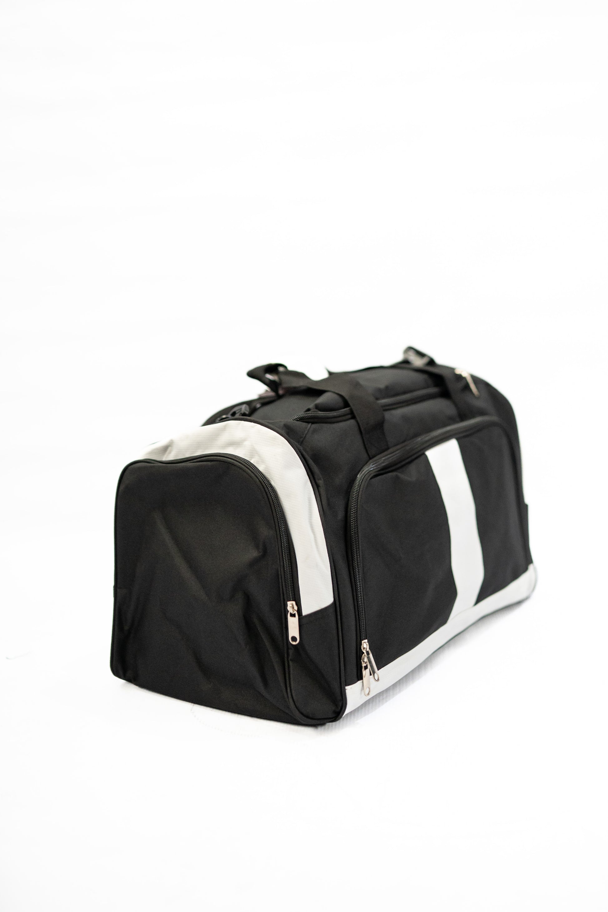 Black duffel bag with white accents on a white background

