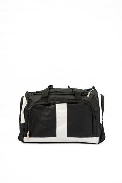 Black duffel bag with white stripe on a white background

