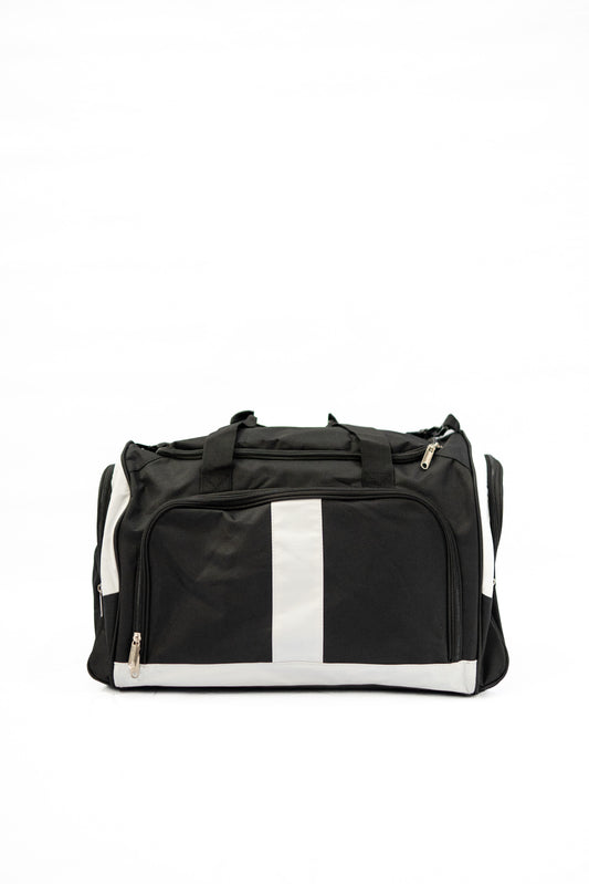 Black duffel bag with white stripe on a white background

