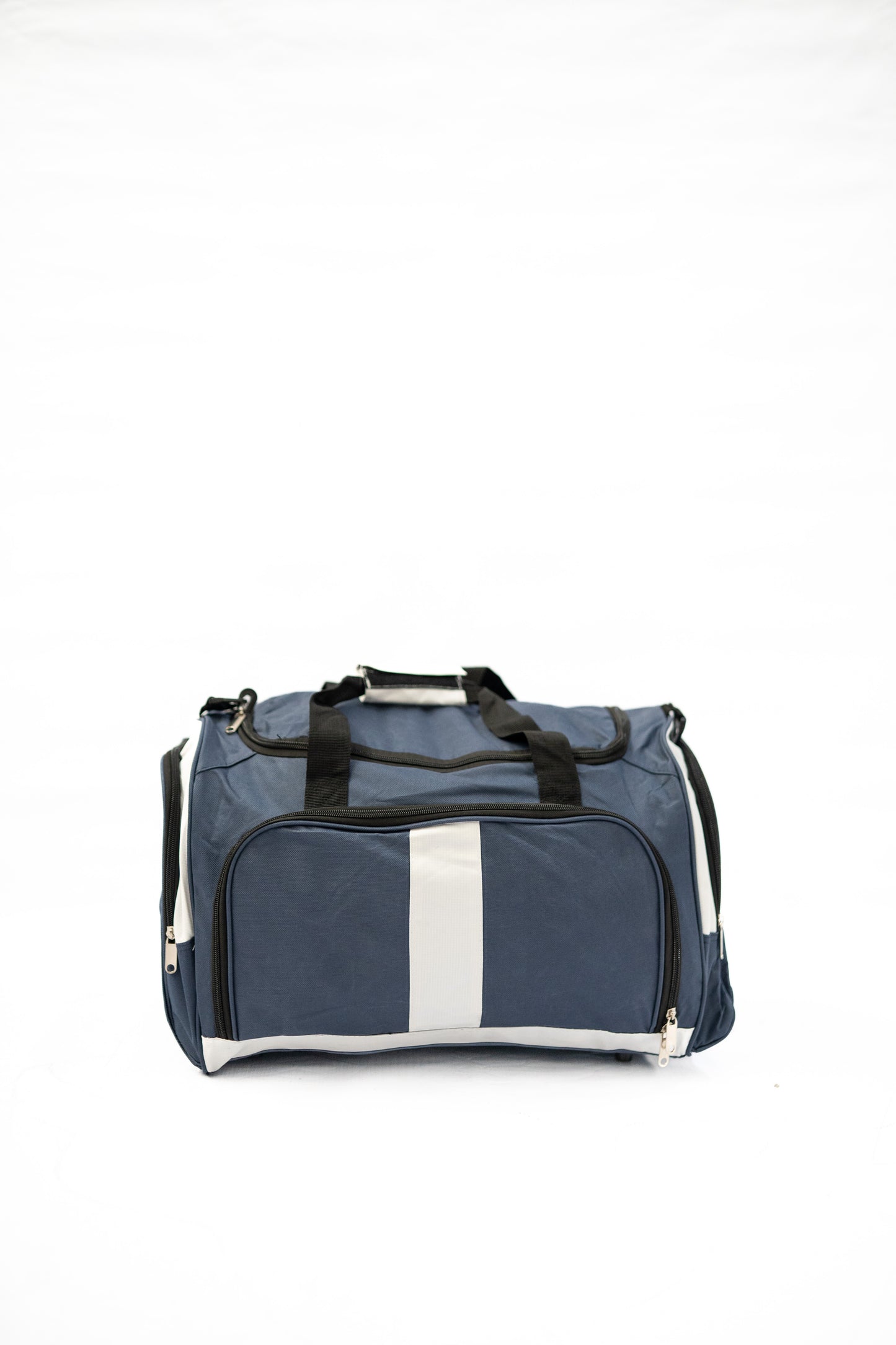 Blue duffel bag with a white stripe on a white background

