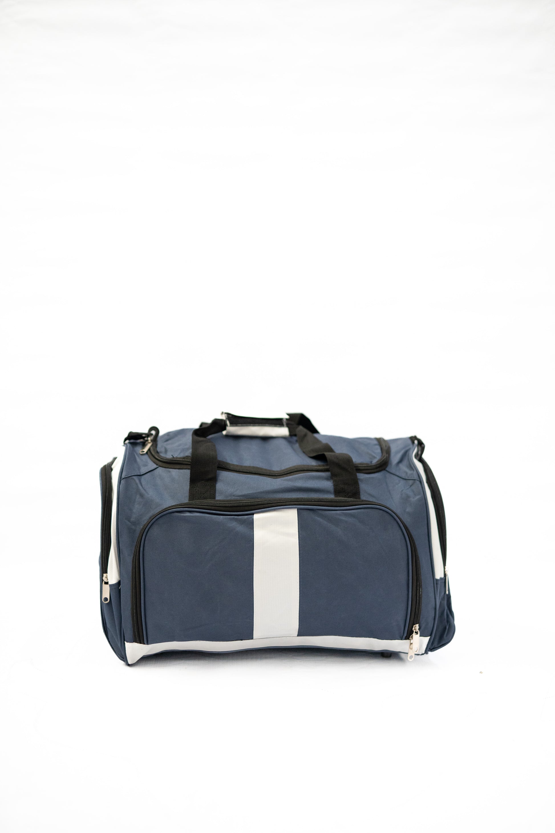 Blue duffel bag with a white stripe on a white background

