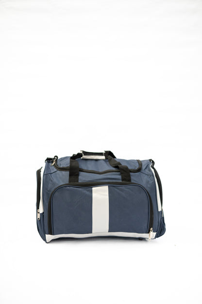 Blue duffel bag with a white stripe on a white background

