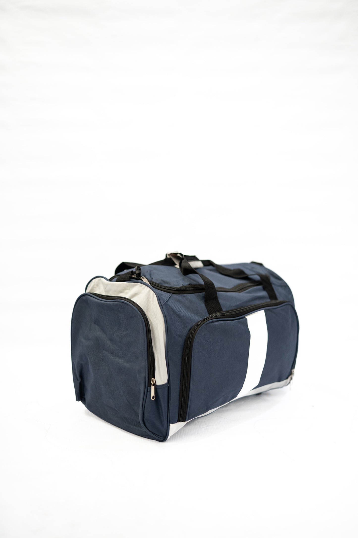 Blue and white duffel bag on a white background

