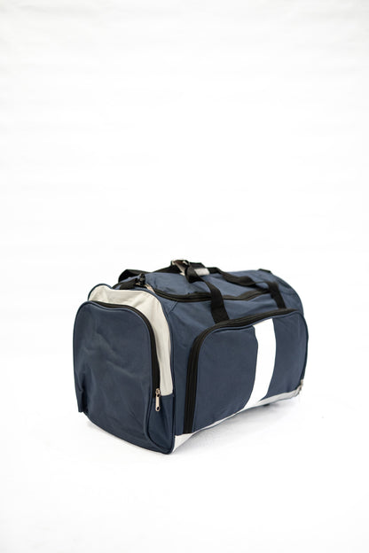 Blue and white duffel bag on a white background

