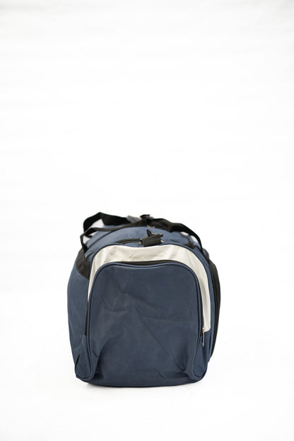 Blue duffel bag with a white stripe on a white background

