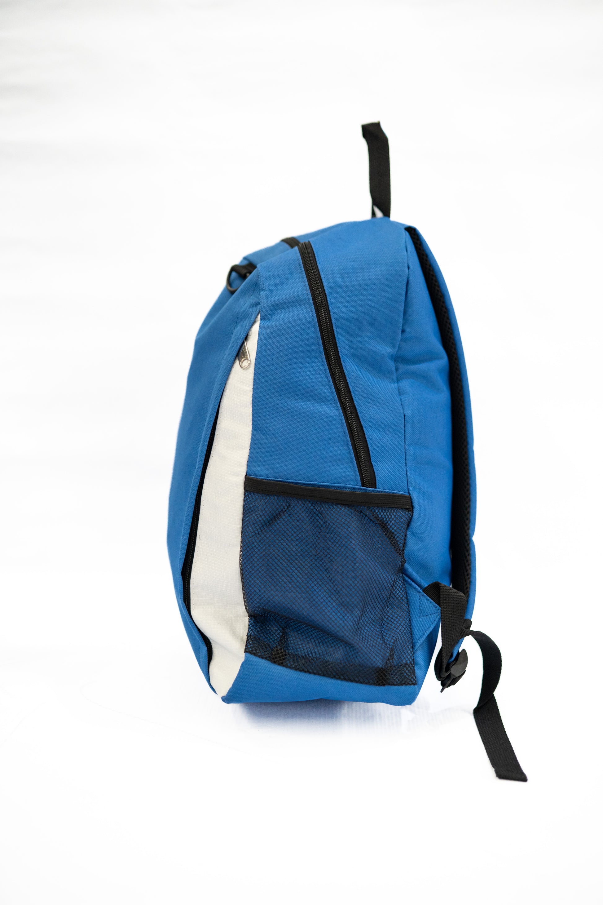 Blue backpack with a white compartment on a white background


