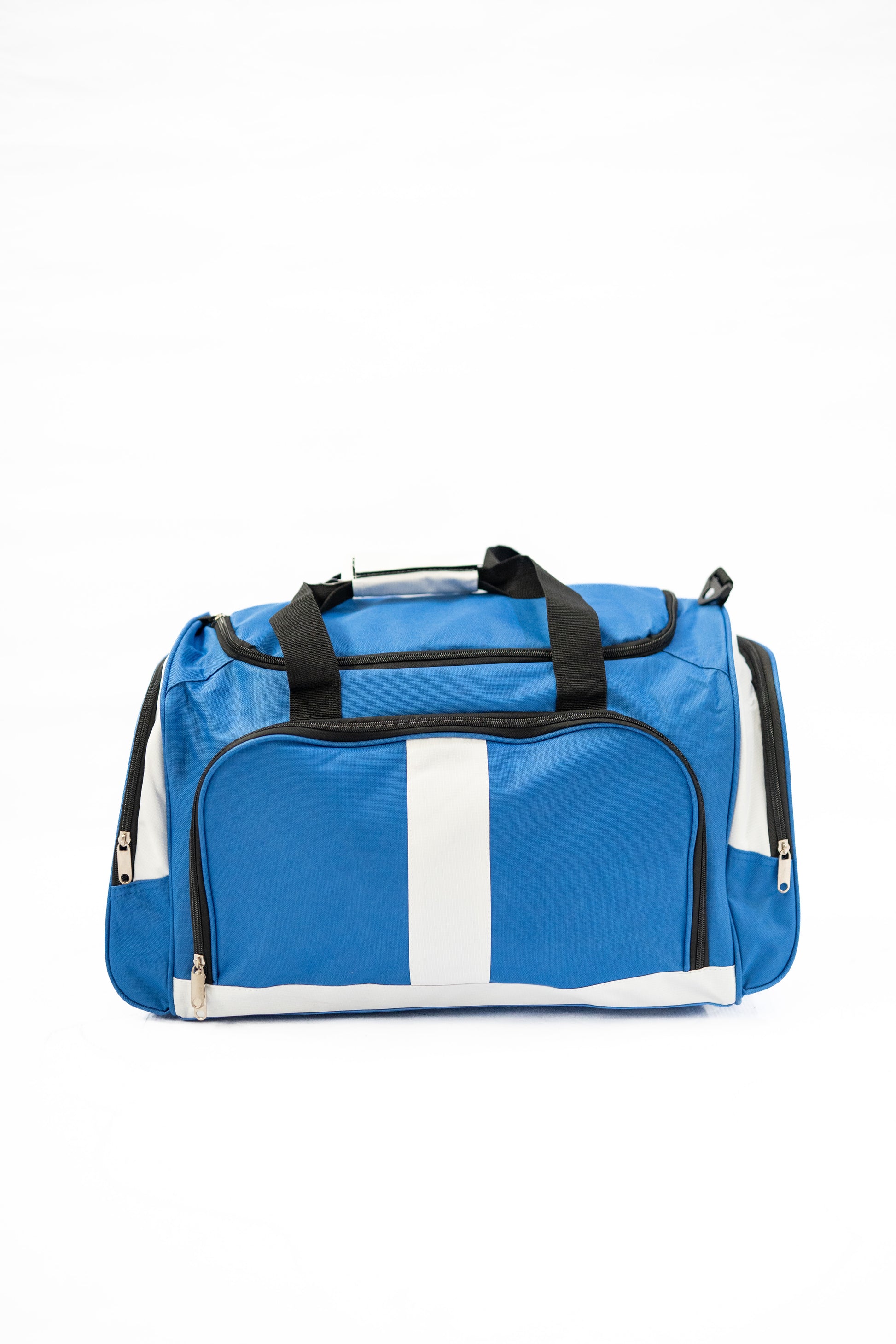 Blue duffel bag with black handles and white stripe on a white background

