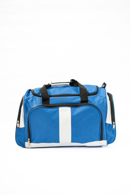 Blue duffel bag with black handles and white stripe on a white background


