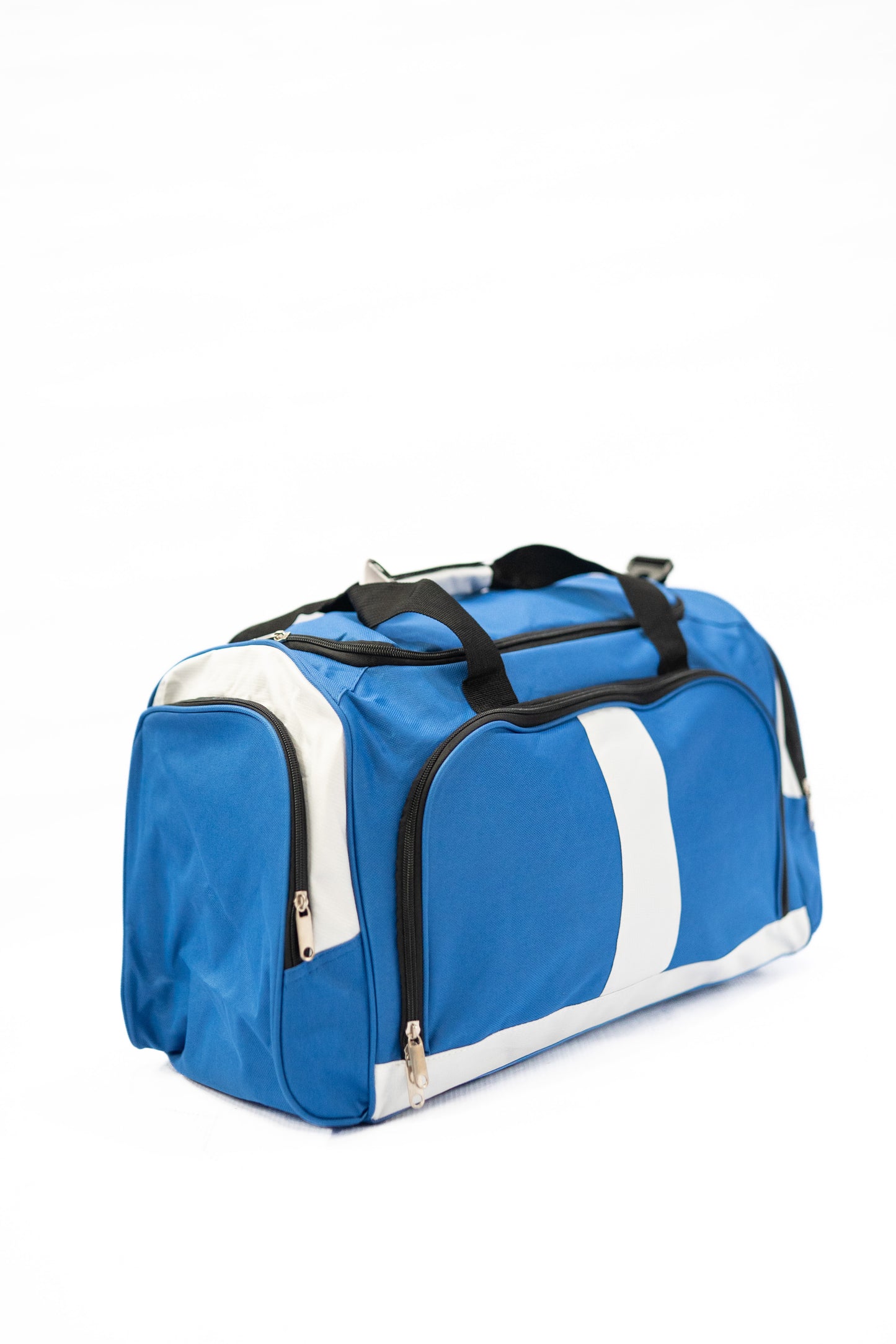 Blue and white duffel bag with black straps on a white background

