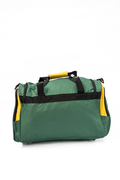 Green duffel bag with black straps and yellow accents on a white background


