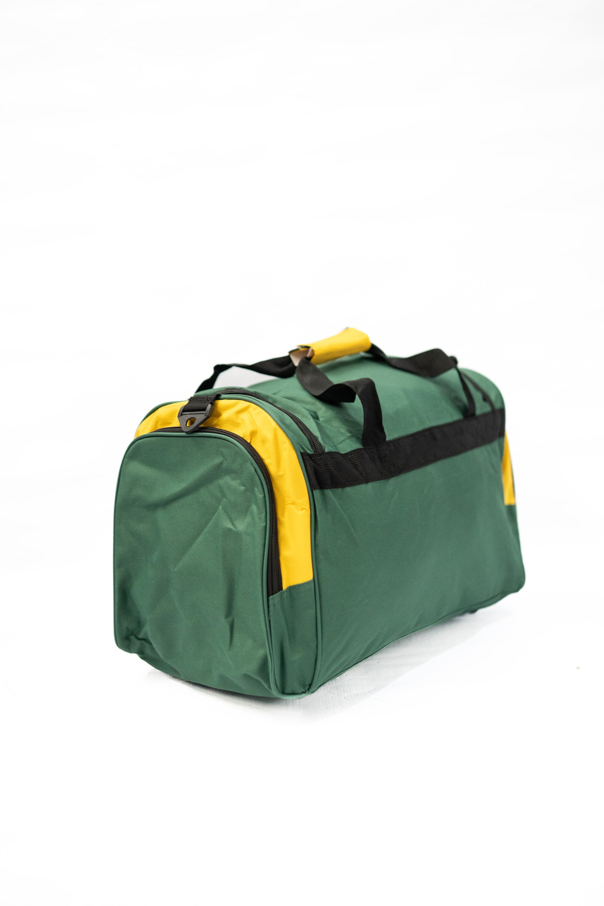 Green duffel bag with yellow accents on a white background

