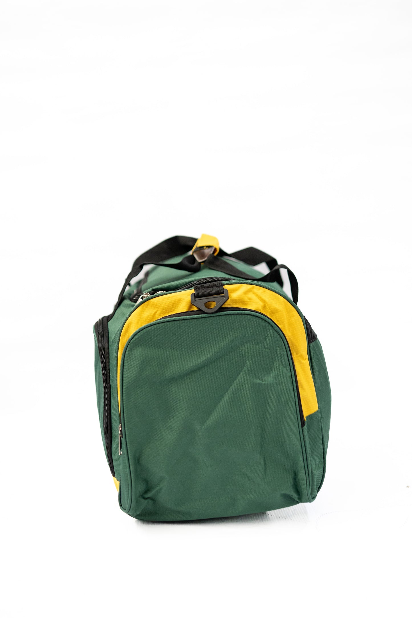 Green backpack with yellow accents on a white background

