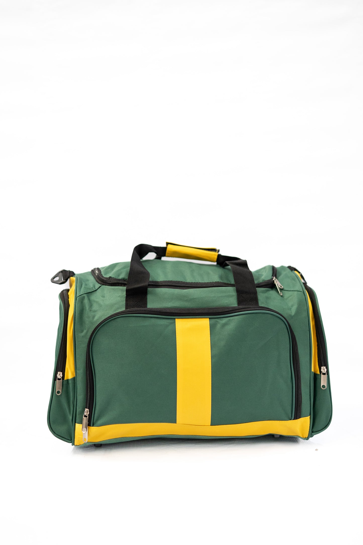 Green and yellow duffel bag on a white background

