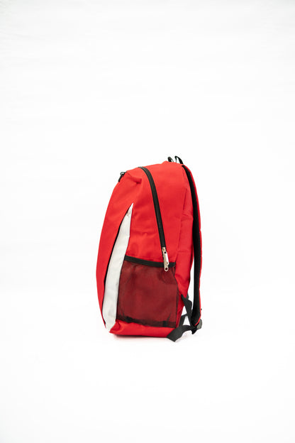 Red backpack with black accents on a white background

